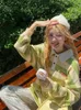 Deeptown Kawaii Green T-shirts Women Korean Fashion Oversize Long Sleeve Striped Print Tshirt Female Spring Autumn Tops Girl