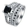 Wedding Rings Men's Gorgeous Black Crystal Ring Set Promise Engagement For Women Fashion 10KT White Gold Filled Jewelry
