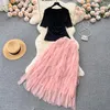 Two Piece Dress New Fashion French Suits Women's V Neck Pleated Short Sleeve T-shirt Tops High Waist Mesh Skirt Two-piece Set262C