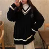 Deeptown Preppy Vintage Maglione con scollo a V rosso Donna Stile coreano Maglione oversize nero basic lavorato a maglia Maglione per ragazze della scuola femminile Top invernale