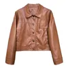 Kadın ceketleri kahverengi mahsul deri ceket Sonbahar Polo'nun Boyun Motosiklet Kısa Ceket