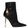 Winter Luxus Damen Schwarz Vorhängeschloss Leder Stiefeletten Schlüsselschloss Riemchen Spitze High Heels Party Kleid Mode Booties EU35-43 mit Box