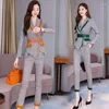 Calças femininas de duas peças outono roupas mulheres casual terno conjunto primavera elegante senhoras xadrez blazer jaquetas negócios e lápis ternos