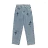 Jeans da uomo Pantaloni cargo a gamba larga Ricamo incrociato Streetwear Baggy Men 2023 Primavera Autunno Coreano Y2K Panno dritto allentato maschile