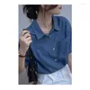 Blouses Femmes Mode Bleu Denim Chemises Femme Été Coton Élégant À Manches Courtes Bureau Top Femme 2023 Casual Blouse Lâche Pour Femmes CL52