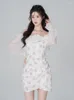 Casual Dresses Floral Print Korean Fashion Dress Women Lantern Sleeve Vintage Sweet Mini Female Ruched Fairy Designe Oregelbundet 2023