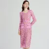 Vestidos casuais de alta qualidade outono renda rosa vestido midi