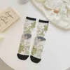 Women Socks Summer Thin Glass Fiber. Crystal Stockings Trendy Retro Floral Long Tube Card