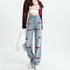 Women's Jeans Letter Embroidered High Waist Slim Design Feeling Small Retro Straight Leg Pants Female