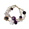 Strand Y·YING 2 Rows Cultured White Biwa Pearl Amethyst Crystal Bracelet 8.5"