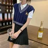 Deeptown Kawaii Netter Bär Beige Pullover Weste Frauen Koreanische Adrette V-ausschnitt Blau Jumper Harajuku Süße Crop Tops Schule Girly