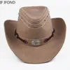 Wide Brim Hats Bucket Classic 100 Leather Western Cowboy Hat For Men Gentleman Dad Godfather Caps Panama Cowgirl Jazz Sombrero Hombre 230907