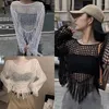 Kvinnors tröjor franska ihåliga ut stickade för kvinnor flickor långa ärmar virkning tunn tröja o nacktassel toppar outwear