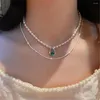 Collares colgantes Corea del Sur Perla de agua dulce Verde Gota de agua Gargantilla Collar doble para mujer Temperamento Super Hada Cadena de clavícula