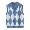 Men's Vests Men Sleeveless Jumpers Knit Sweater Tops Pullover V Neck Thick For Autumn Winter Argyle Contrast England Style A193
