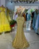 Aso Ebi Arabic Mermaid Gold Prom Dress Crystals Sequined Lace Evening Formal Party Second Reception Birthday Engagement Gowns Dresses Robe De Soiree 322 Es Es es