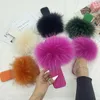 Pantoufles Diapositives d'été Femmes 100% Pantoufles de fourrure naturelle 2022 Femmes de luxe Tongs Real Fox Fur Sandales Intérieur Plat Soft Pantoufles Chaussures X0905