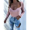 T-shirt da donna elegante moda Y2K INS manica lunga scollo a V slim fit T-shirt elasticizzata streetwear donna corsetto sexy top