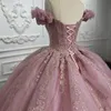 Glittering Pink Sweetheart Quinceanera Dress Off-Shoulder Party Prom Dress Lace Applique Sweet 16 Princess Vestidos De 15 Anos