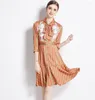 Casual Dresses Fashion 2023 Autumn Orange Striped Single Breasted Dress Runway Women's Tied Bow Collar Beaded Embroidery Lace Ladies