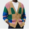 Pulls pour hommes Vintage KnitPatchwork Pull Cardigan Manteau à manches longues V Col Knitwear Veste Automne Hiver pour hommes Color Block