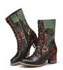 Women Retro Style Floral Cloth Ing Comfy Round Toe Leather Warm Wearable Chunky Heel Side Zipper Short Boots