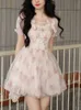 Pink Print Kawaii Sweet Dres Puff Sleeve Vintage Elegant Mini Dress Female Chiffon Korean Cute Fairy Summer 230808