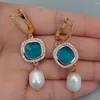 Dangle Earrings Y.YING Cultured White Rice Pearl Cz Bezel Set Blue Crystal Lever Back