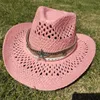 Breite Krempe Hüte Eimer Rosa Hohlgewebe Cowboyhut Stroh Stern Jazz Panama Papier Gras Western Denim Mode Reise Großhandel 230907