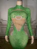 Stage Wear Luxurious Green Rhinestones Birthday Celebrate Evening Prom Long Dress Women Sexy Mesh Show Po Shoot