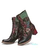 Women Retro Style Floral Cloth Ing Comfy Round Toe Leather Warm Wearable Chunky Heel Side Zipper Short Boots