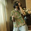 Kadın Tişörtleri Johnature 2023 Yaz Kadın Keten Baskı Disk Toka Kısa Kollu T-Shirt V yaka gevşek Çin tarzı vintage