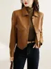 Женская кожаная куртка 2023, высококачественная коричневая женская верхняя одежда из искусственной кожи на пуговицах, весенне-осенняя модная короткая тонкая женская куртка