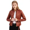 여자 자켓 브라운 트렌디 재킷 짧은 허리 밴드 맞춤형 가죽 슬림 한 피팅 스탠드 칼라 얇은