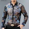 Camisas casuais masculinas luxo transparente camisa masculina chemise homme sexy ver através de malha camisa masculina 4xl bordado renda clube festa camisa floral camisa t230907