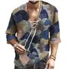 Men's Casual Shirts Men Stripe Print Lace Up V-neck T-shirt Summer Fashion Short Sleeve And Blouse For Clothing