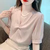 Women's Blouses Office Lady White Tops Female Elegant Fashion Chiffon Pink Blouse For Women Clothing V-neck Puff-sleeve Solid Color Pullover