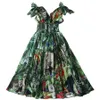 Runway Forest Animal Print Green Maxi Dress Summer Women's Bow tie Strap V-Neck High Elastic Waist Chiffon Long Dress 2023287G