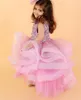 Girl Dresses Pink Flower Dress For Wedding Fluffy Organza High Low Princess Party Prom Gown Embroidered Birthday