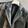 Women's Leather Regular Length Coat Women Spring And Autumn 2023 Fashion Square Grid Splicing Process Suit Style Single Breasted