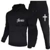 Homens Tracksuits Ao Ar Livre Eu Acredito em Jesus Cristo Imprimir Outono Inverno Esportes Casuais Terno Sólido Cor Com Capuz Cordão Aquecido Pano de Esqui X0907