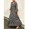 Casual Dresses Women Leopard Long Dress Sleeve V-Neck Loose Maxi Elegant Female Vestidos Robes Longues