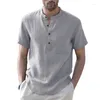 Chemises décontractées pour hommes Été Coton Lin Hommes Manches courtes Couleur unie Col montant Hommes Mode Pull Blouse Homme Tops