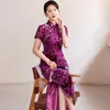 Etnik Giyim İpek Kadife Cheongsam Lady Bahar Eski Şangay Retro Çin Uzun Sekiz Buton Qipao Gece Elbisesi Kısa kollu iyileştirme