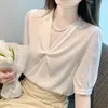 Women's Blouses Office Lady White Tops Female Elegant Fashion Chiffon Pink Blouse For Women Clothing V-neck Puff-sleeve Solid Color Pullover
