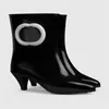 Designer Interlocking Womens Ankle Boots Black Glossy Rubber Matte Pointed Low Heels Black White Pink Rain Boots Fashionable Short Boots