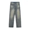 Jeans masculinos vintage high street buracos quebrados soltos calças retas homens e mulheres drapeados de pernas largas