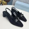 Rear sling pointed toes dress shoe rhinestone decoration Medium thick heel pump women's Party evening shoes Luxury designers brand shoes factory footwear