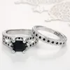 Wedding Rings Men's Gorgeous Black Crystal Ring Set Promise Engagement For Women Fashion 10KT White Gold Filled Jewelry