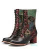 Women Retro Style Floral Cloth Ing Comfy Round Toe Leather Warm Wearable Chunky Heel Side Zipper Short Boots